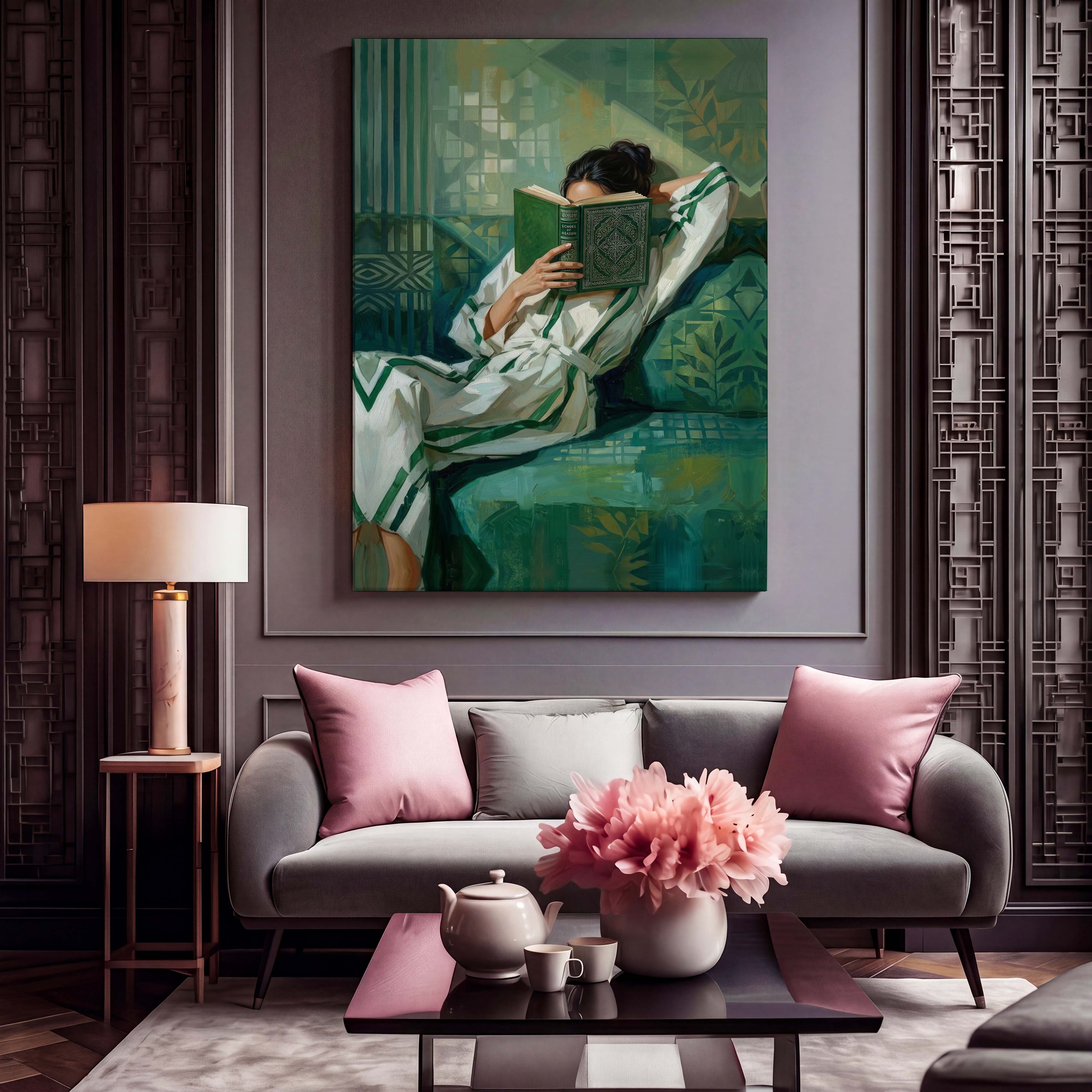 Contemporary Emerald Reading Woman Canvas Art - Elevate your reading nook, bedroom, or modern living room with this