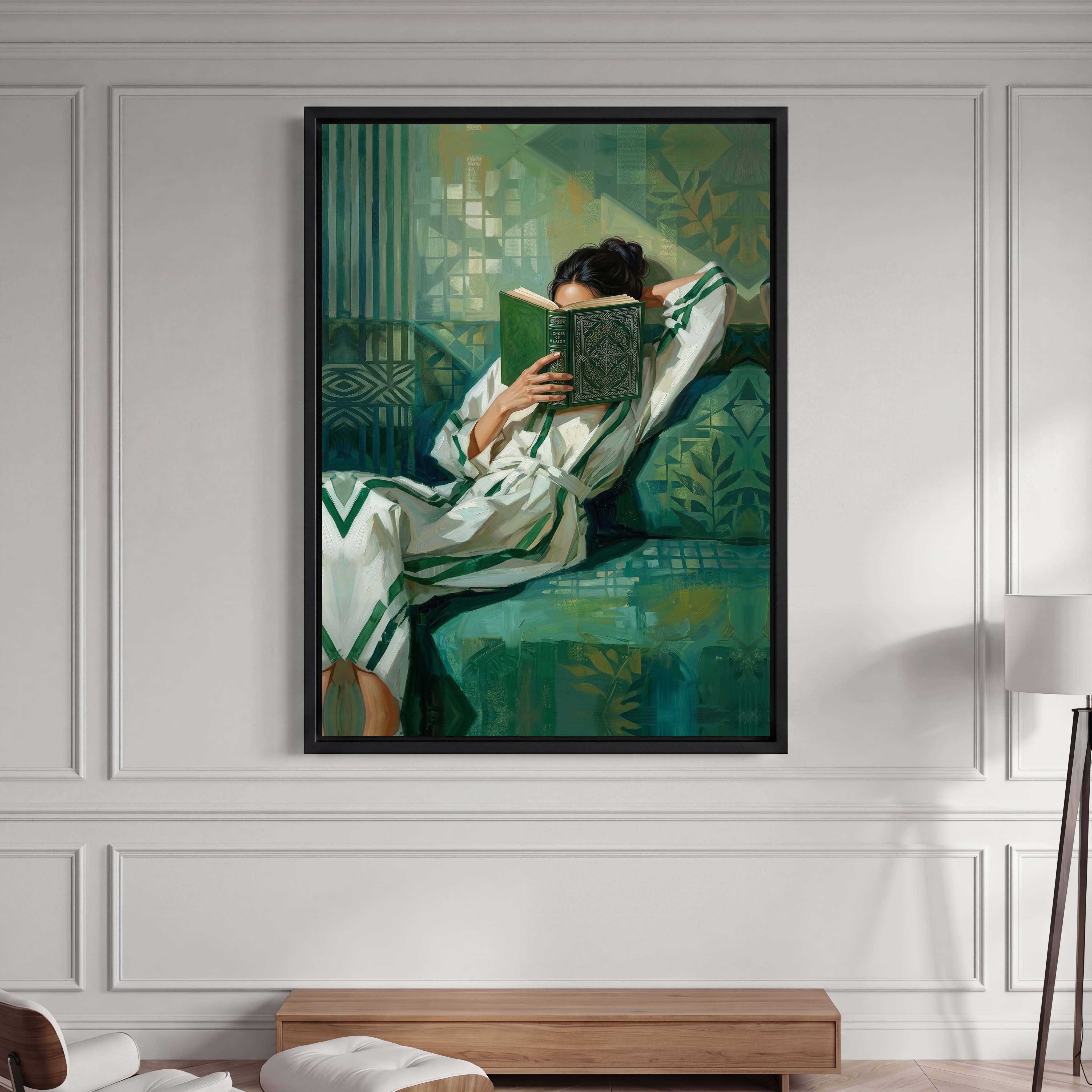 Contemporary Emerald Reading Woman Canvas Art - Elevate your reading nook, bedroom, or modern living room with this