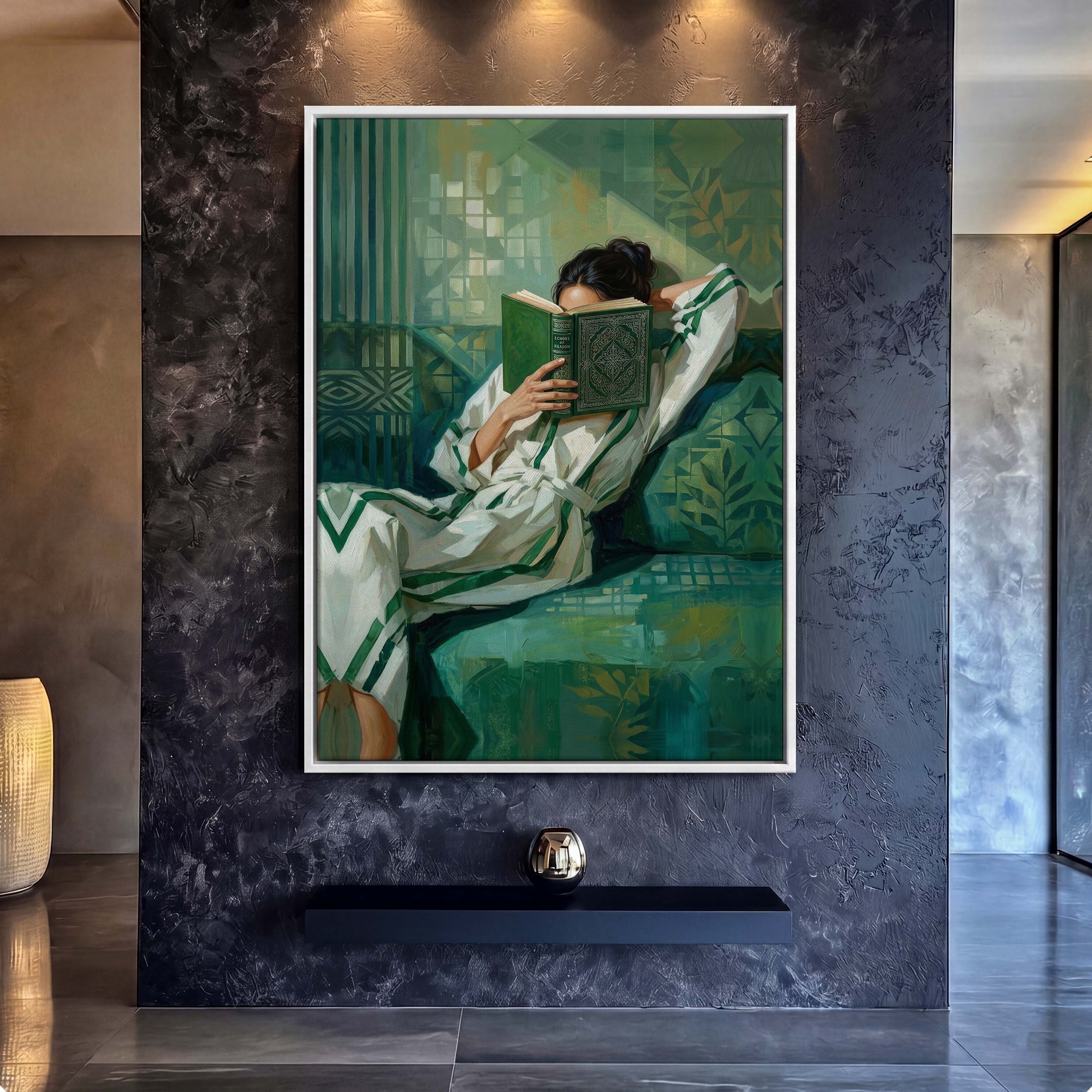 Contemporary Emerald Reading Woman Canvas Art - Elevate your reading nook, bedroom, or modern living room with this
