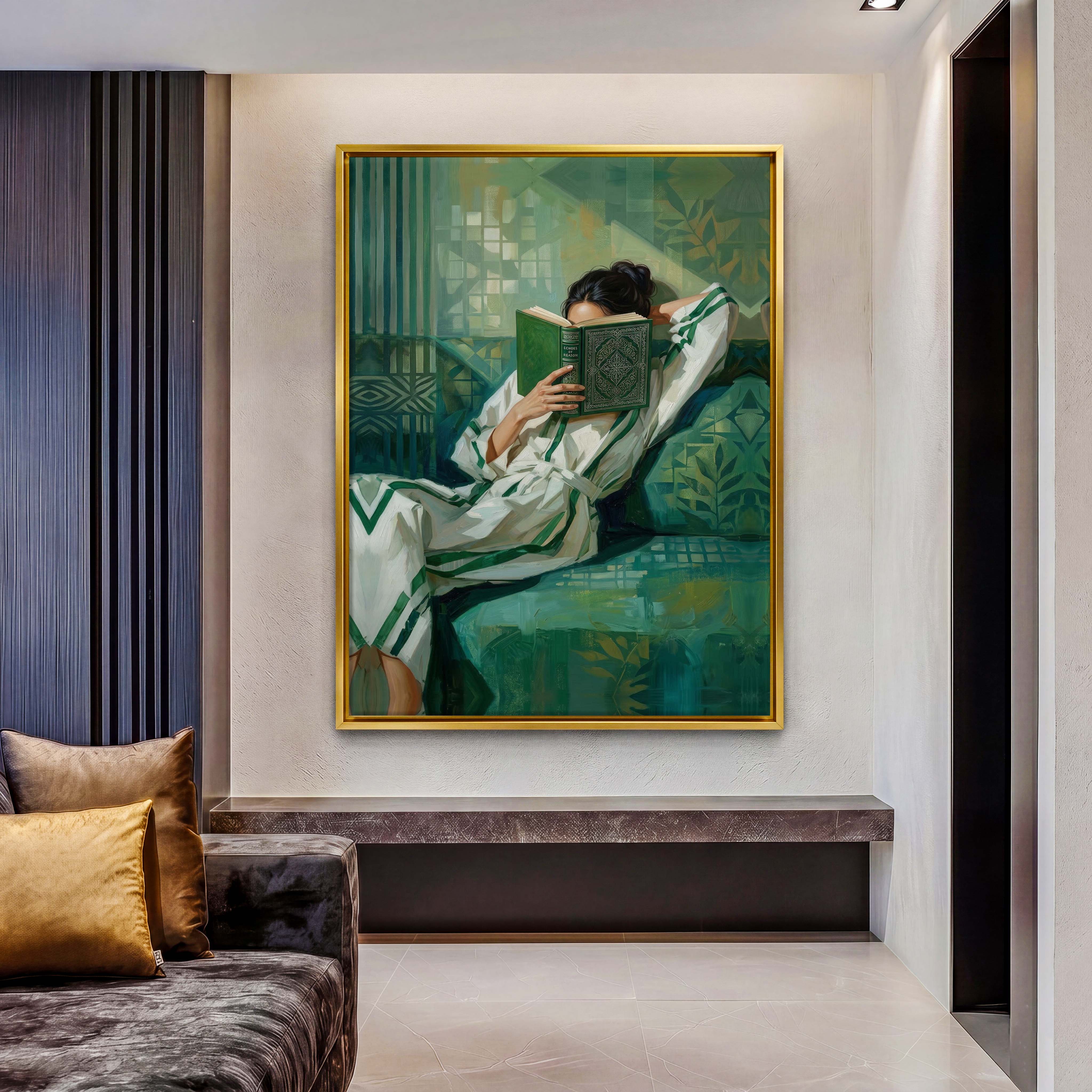 Contemporary Emerald Reading Woman Canvas Art - Elevate your reading nook, bedroom, or modern living room with this