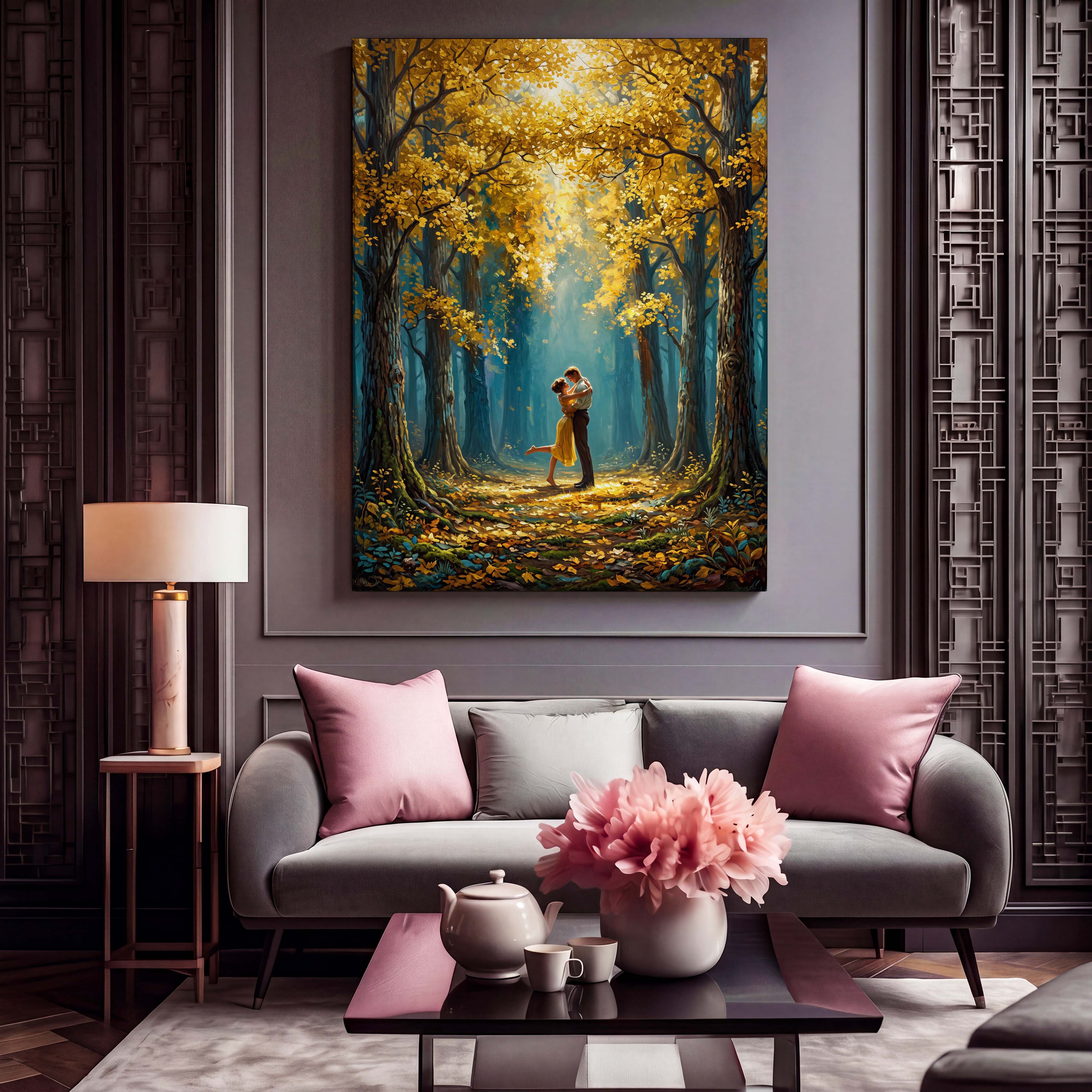 Autumn Forest Romantic Couple Canvas Art - Capture the magic of love with this breathtaking autumnal scene, featuring a