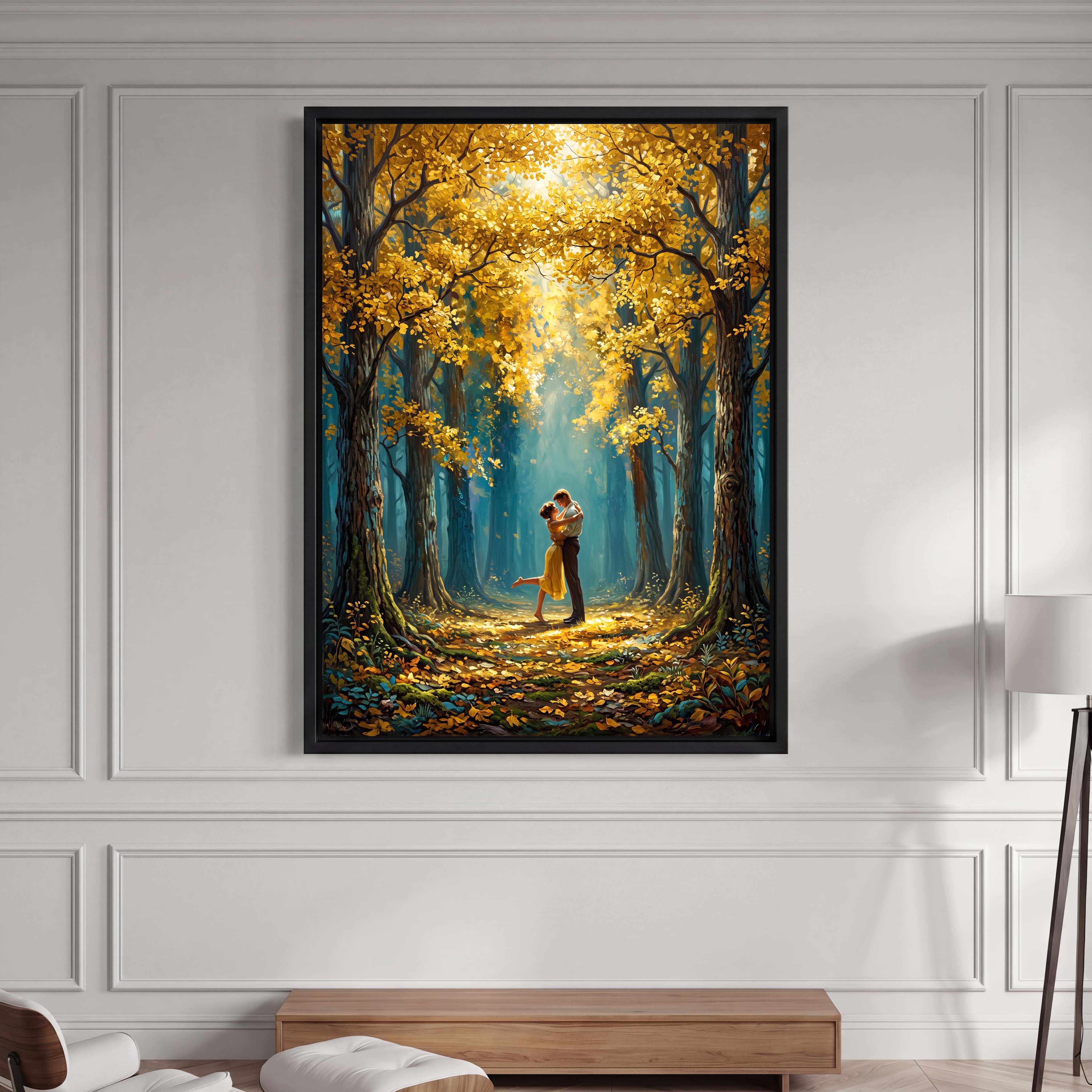 Autumn Forest Romantic Couple Canvas Art - Capture the magic of love with this breathtaking autumnal scene, featuring a
