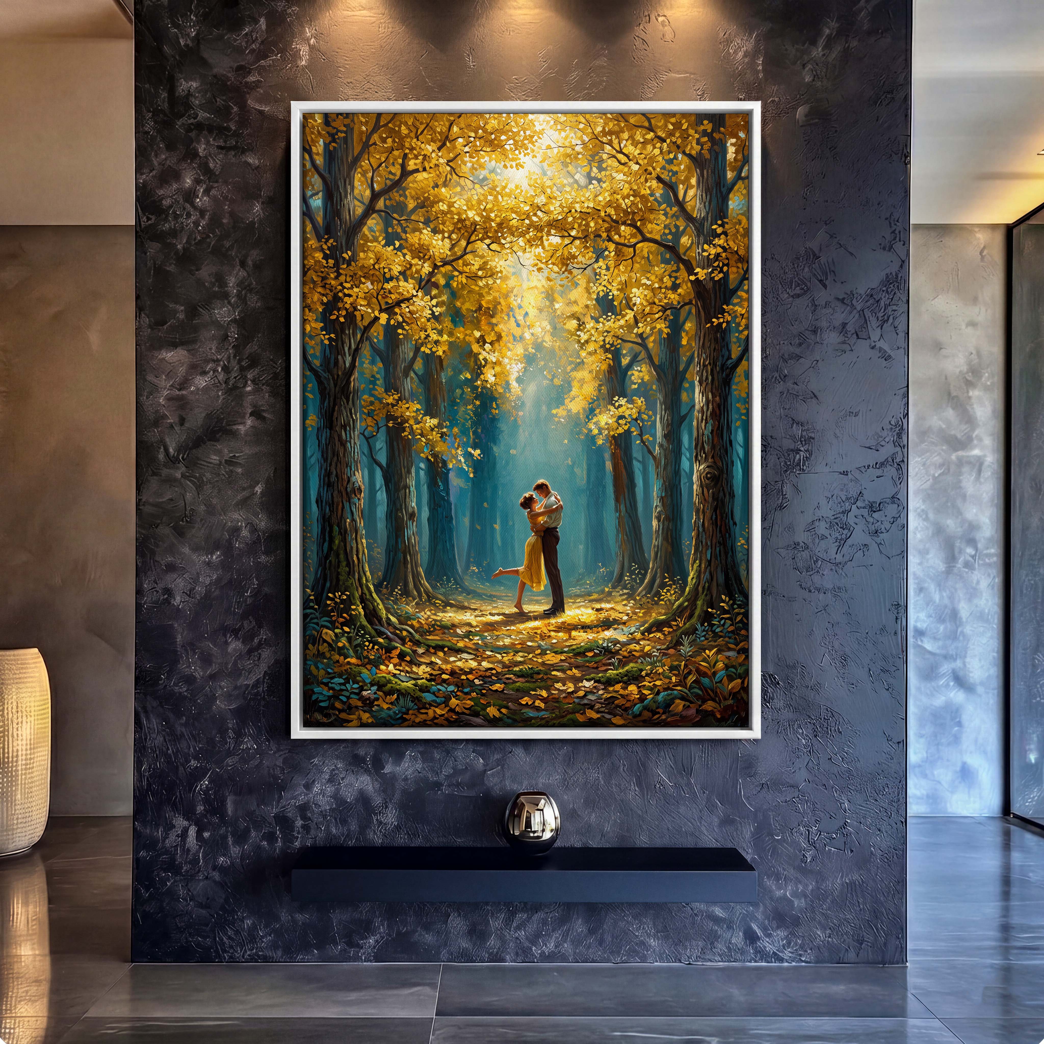Autumn Forest Romantic Couple Canvas Art - Capture the magic of love with this breathtaking autumnal scene, featuring a