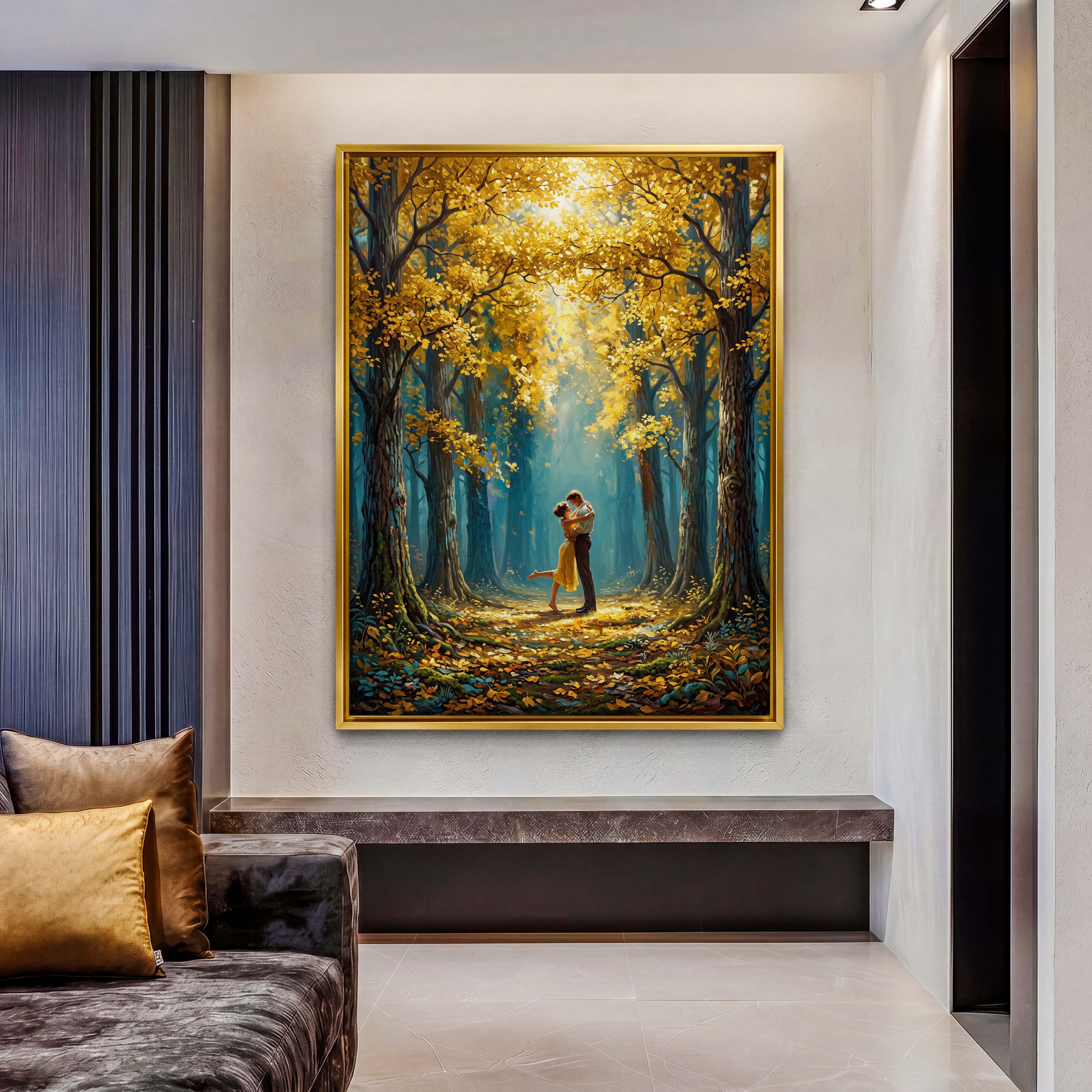 Autumn Forest Romantic Couple Canvas Art - Capture the magic of love with this breathtaking autumnal scene, featuring a