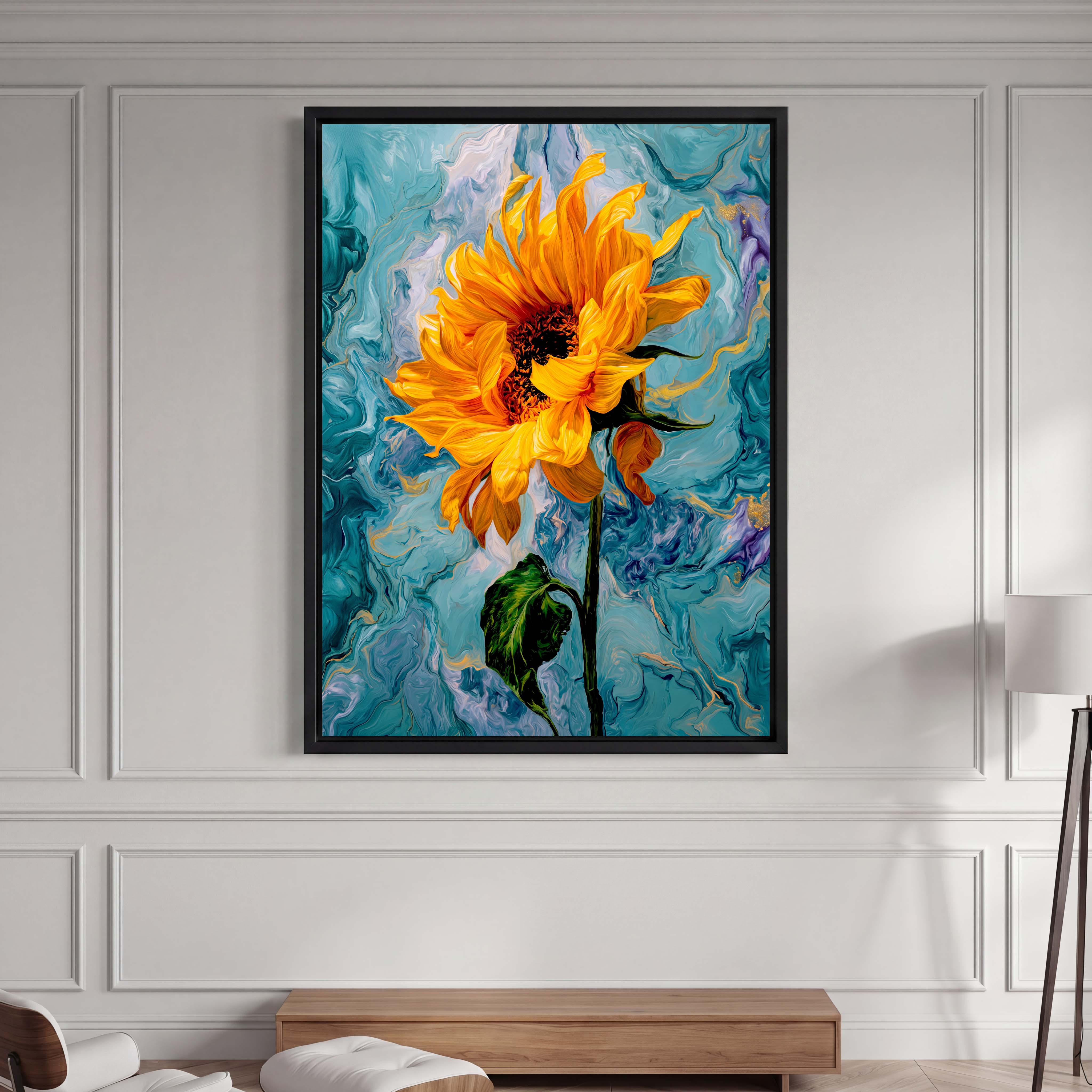 Vibrant Sunflower Fluid Blue Canvas Art - Inject an burst of energetic color into your space with this mesmerizing artwork,