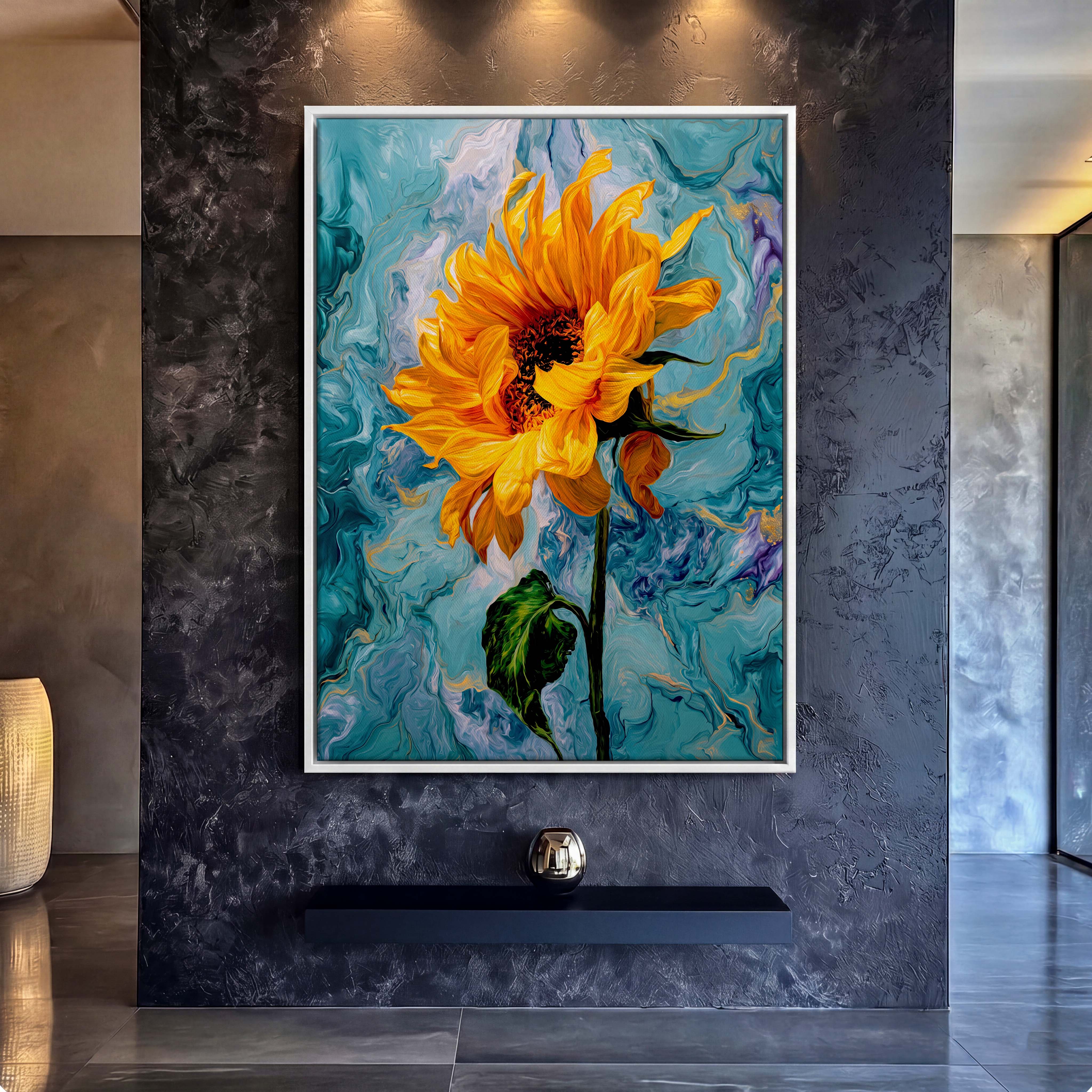 Vibrant Sunflower Fluid Blue Canvas Art - Inject an burst of energetic color into your space with this mesmerizing artwork,
