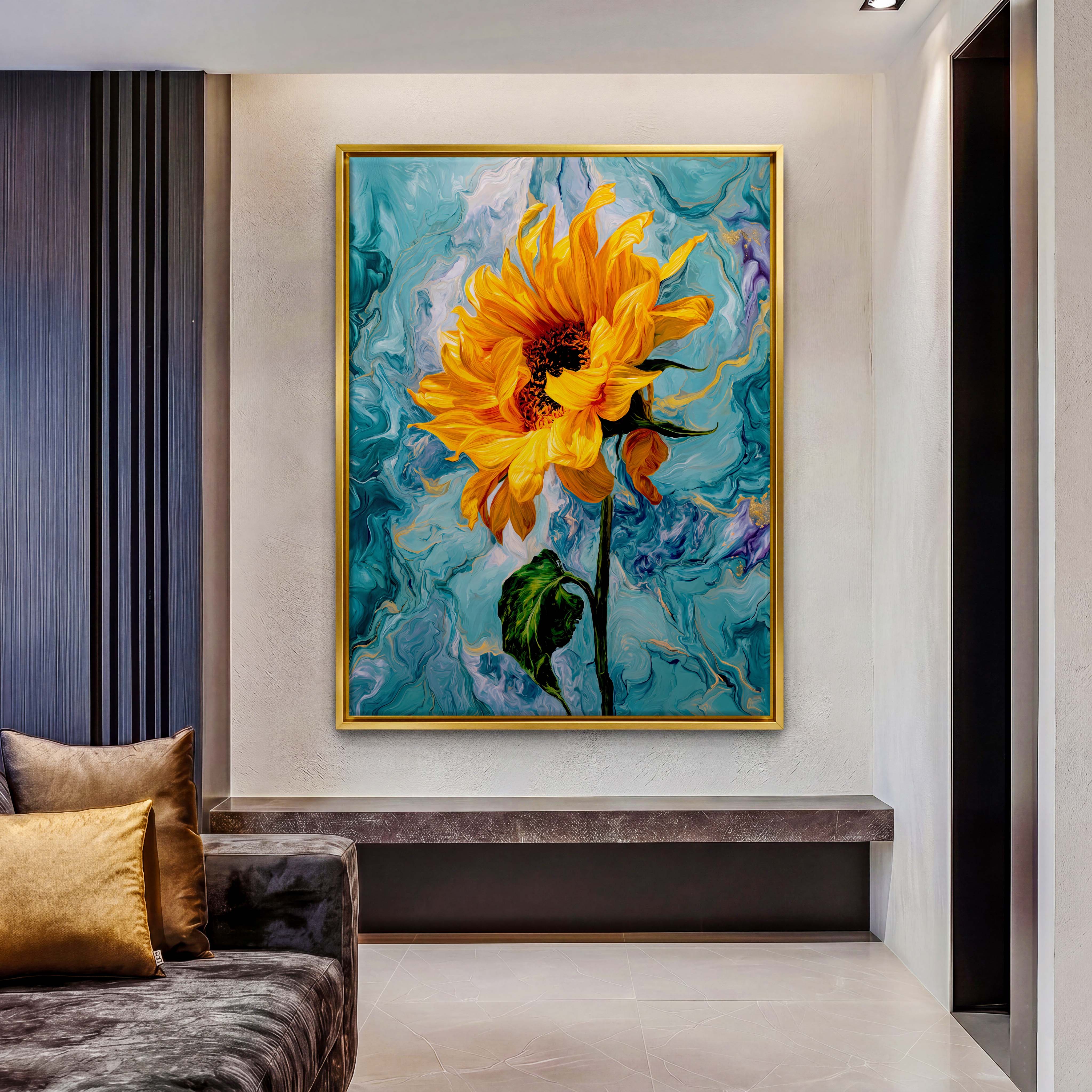 Vibrant Sunflower Fluid Blue Canvas Art - Inject an burst of energetic color into your space with this mesmerizing artwork,