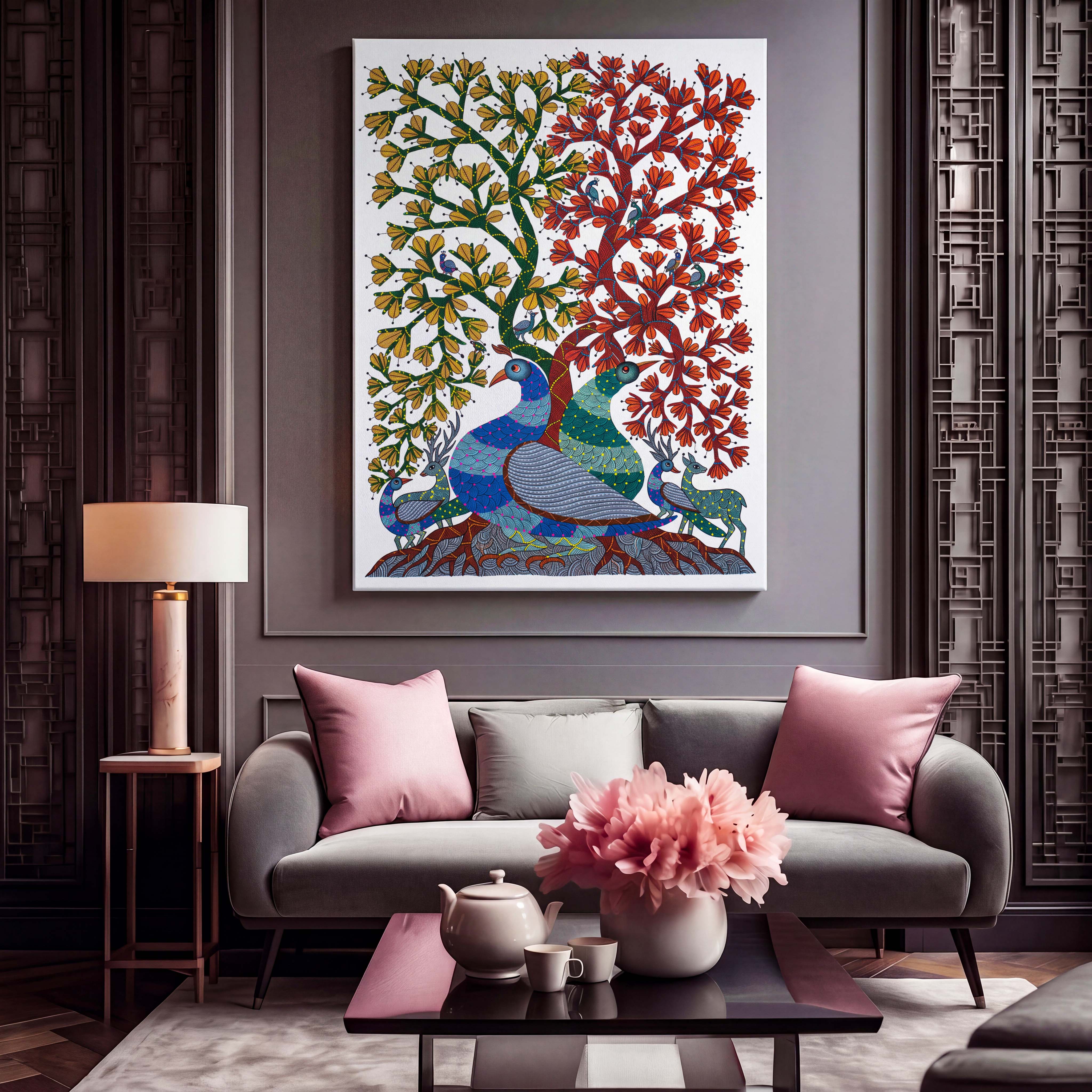 Indian Gond Folk Art Tree Canvas - Embrace the vibrant heritage of Indian folk art with this intricately detailed depiction