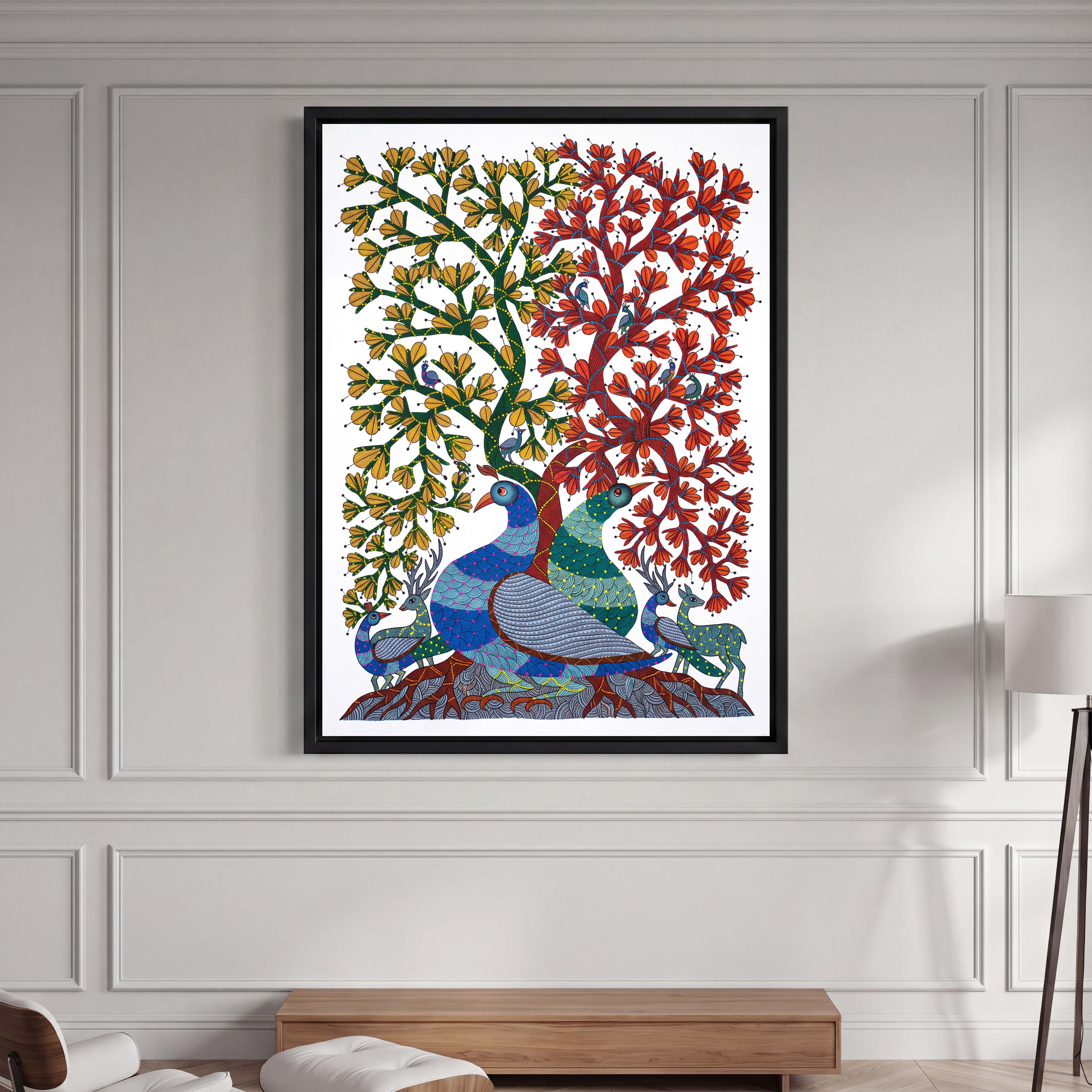 Indian Gond Folk Art Tree Canvas - Embrace the vibrant heritage of Indian folk art with this intricately detailed depiction