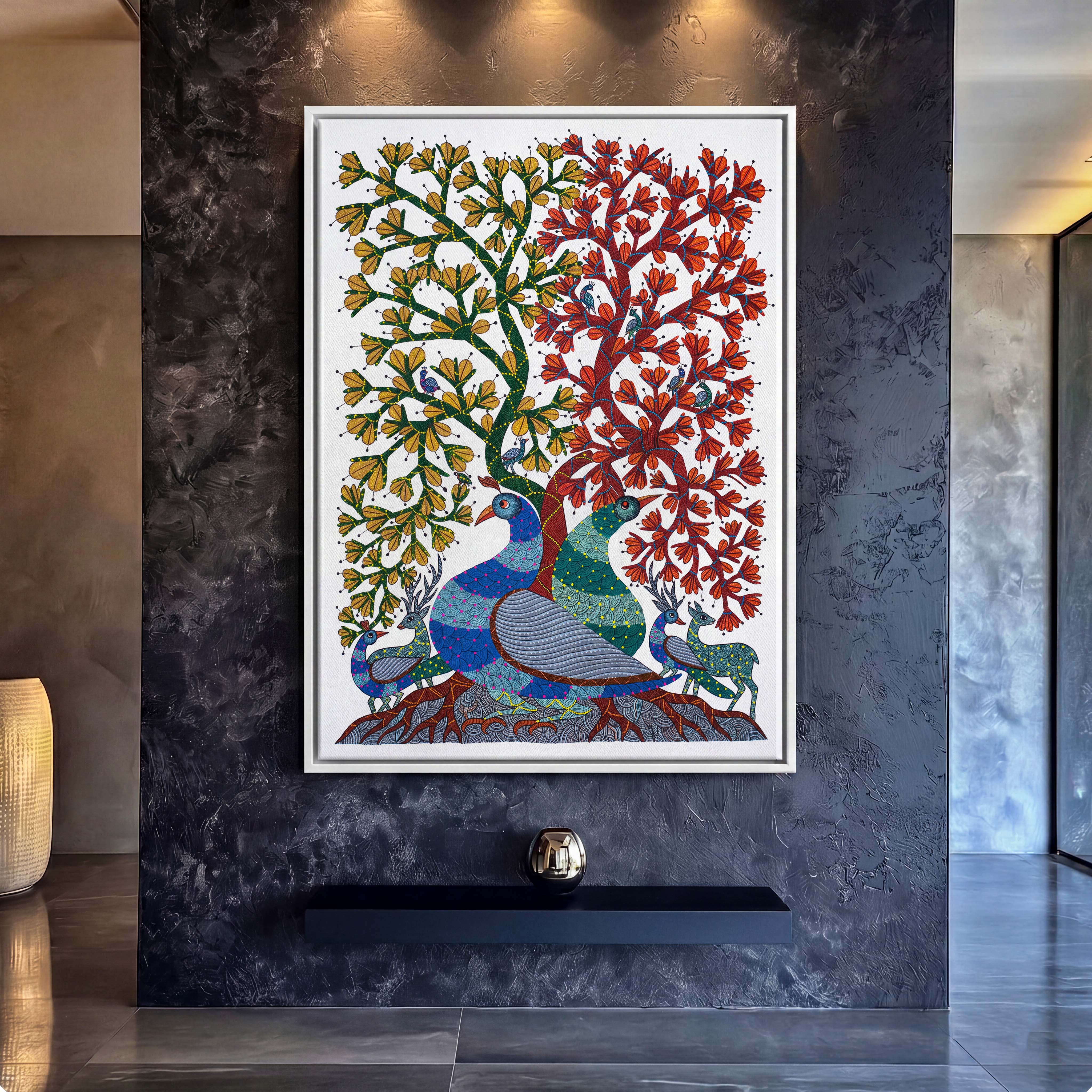 Indian Gond Folk Art Tree Canvas - Embrace the vibrant heritage of Indian folk art with this intricately detailed depiction