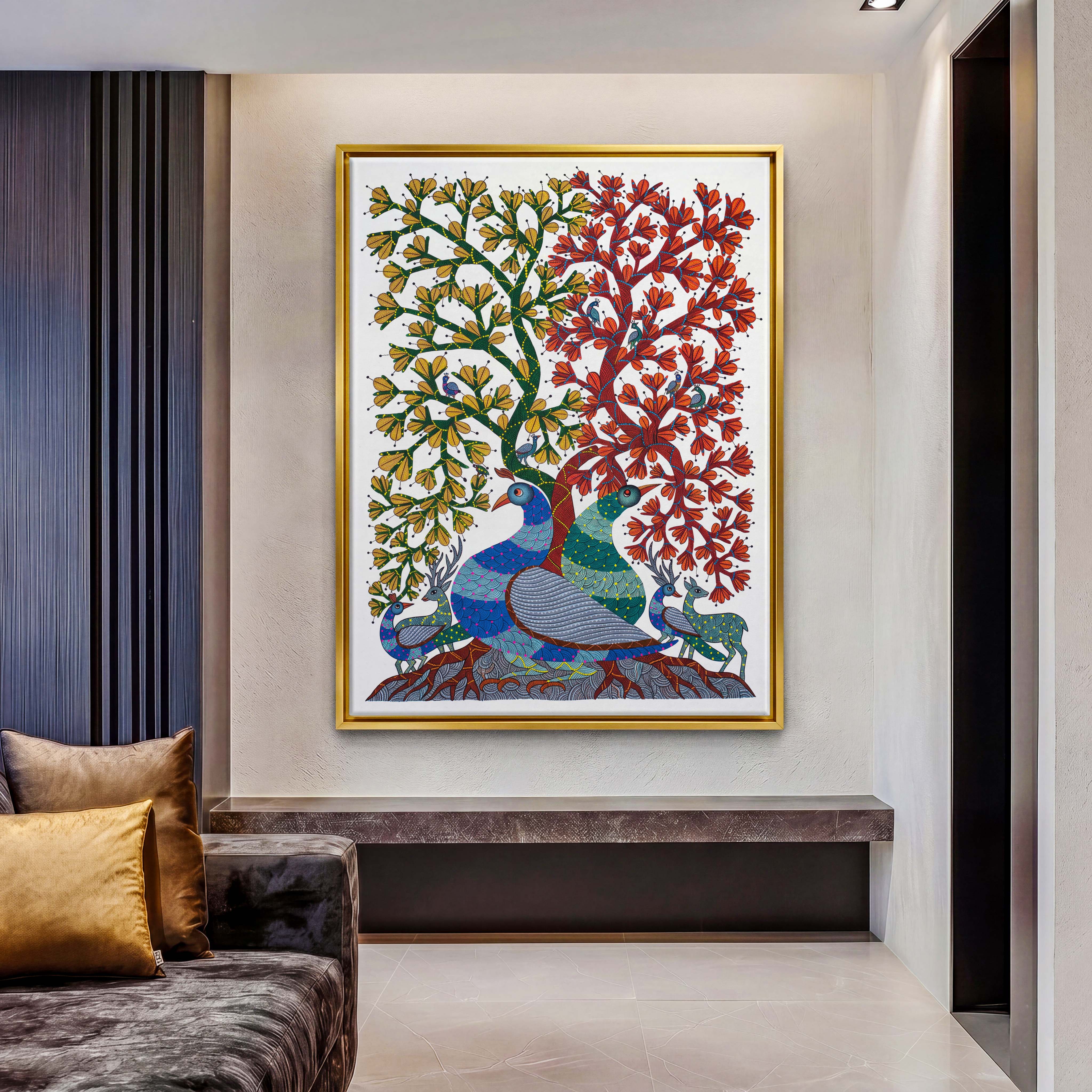 Indian Gond Folk Art Tree Canvas - Embrace the vibrant heritage of Indian folk art with this intricately detailed depiction