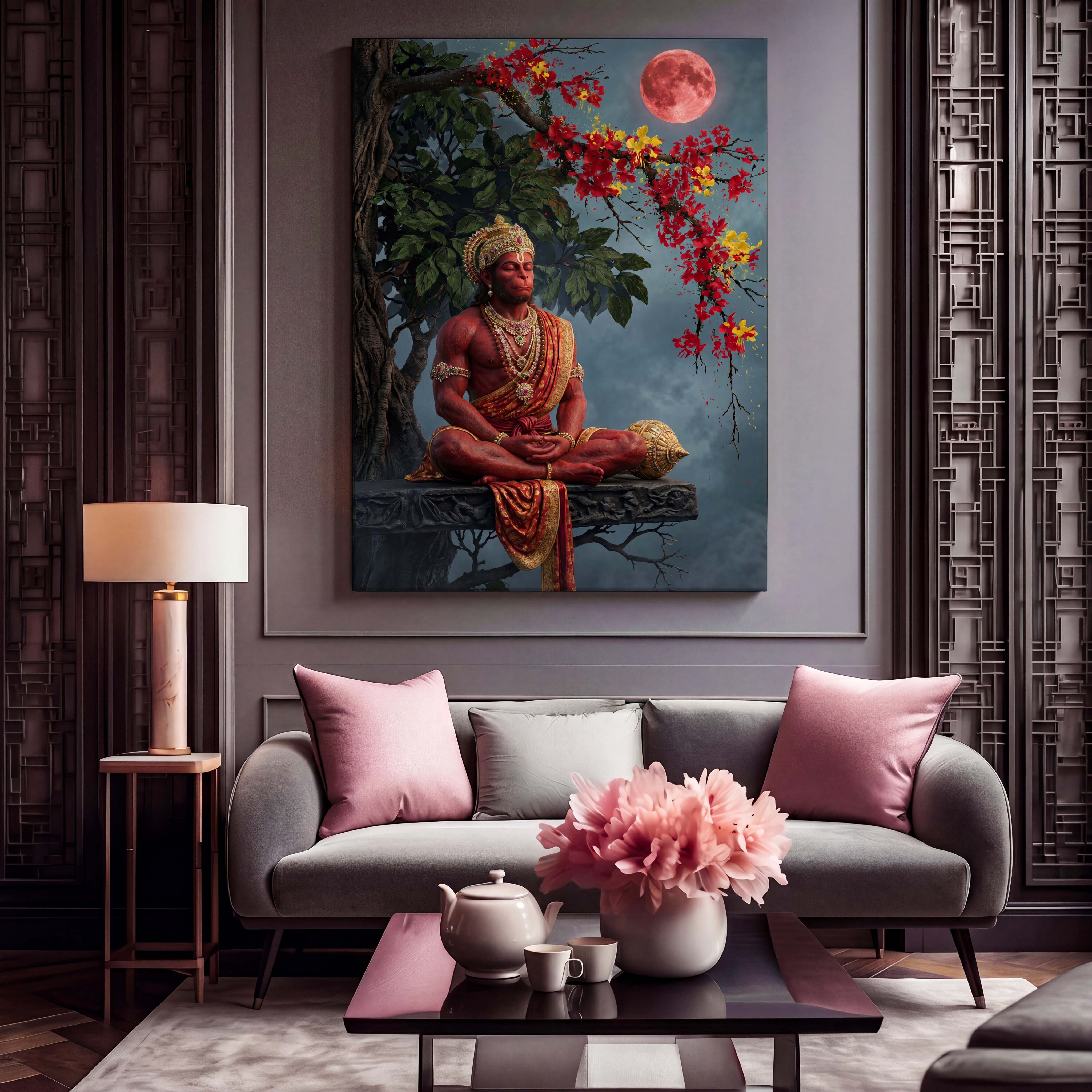 Meditating Hanuman Red Moon Canvas Art - Invite a sense of divine strength and deep tranquility into your meditation space