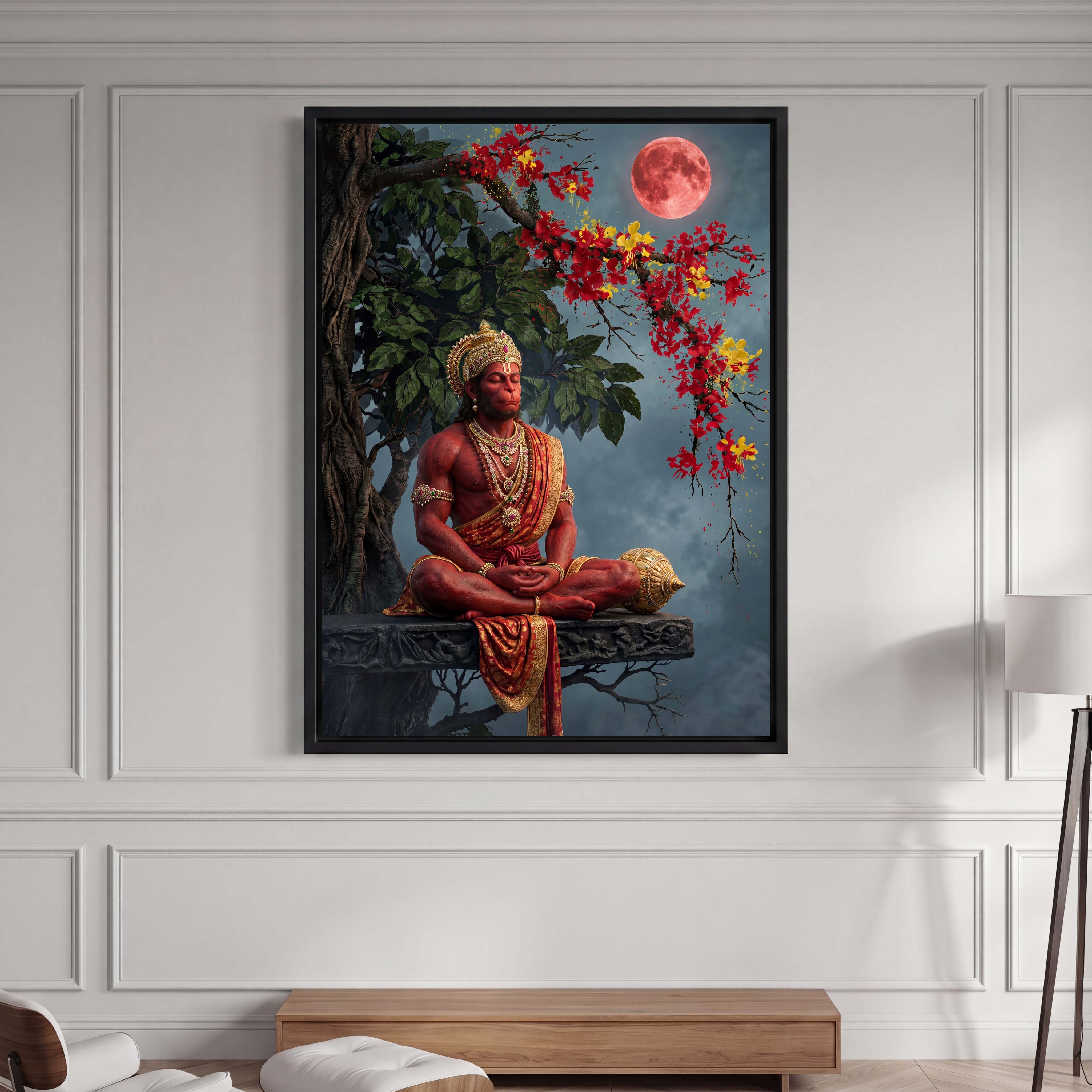 Meditating Hanuman Red Moon Canvas Art - Invite a sense of divine strength and deep tranquility into your meditation space
