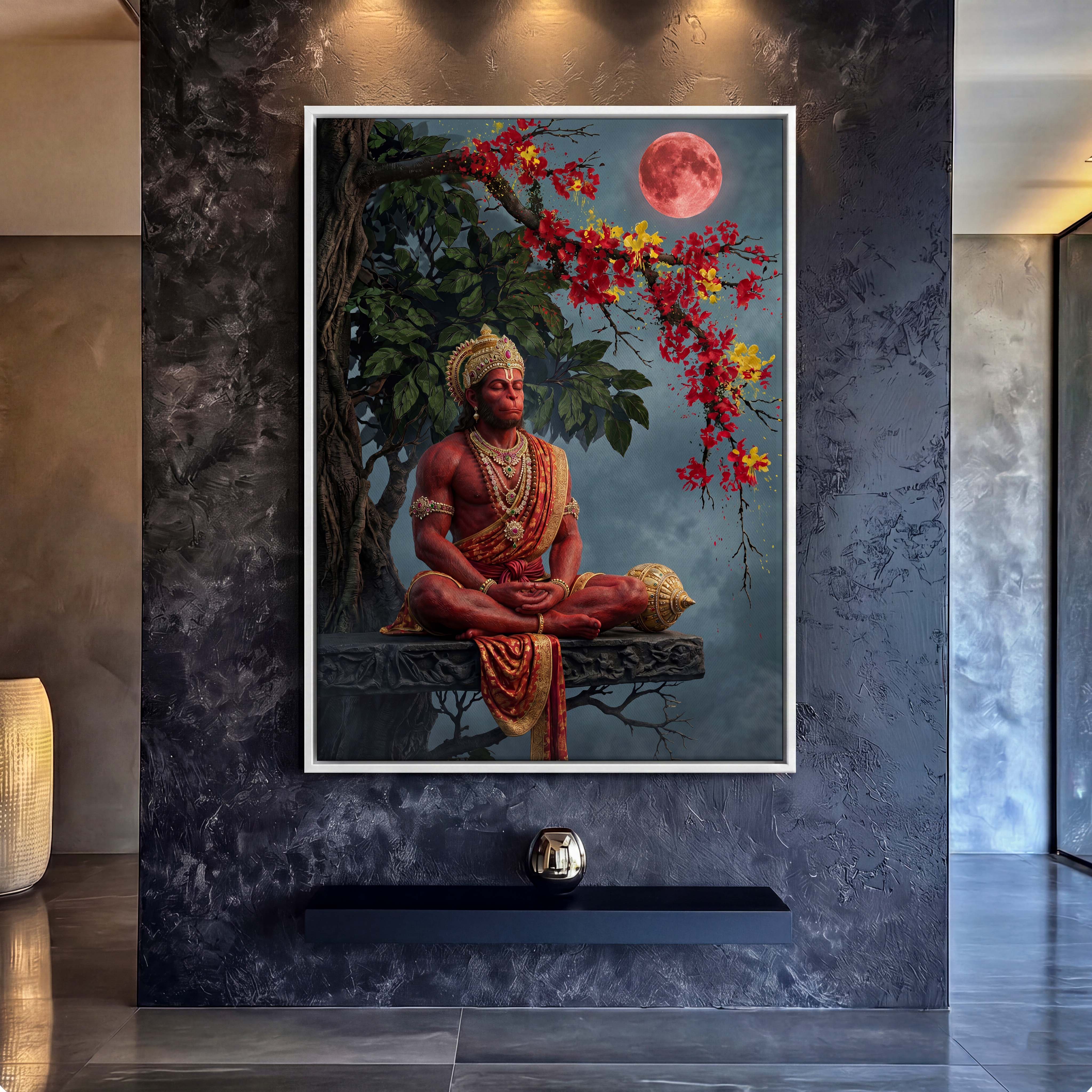 Meditating Hanuman Red Moon Canvas Art - Invite a sense of divine strength and deep tranquility into your meditation space