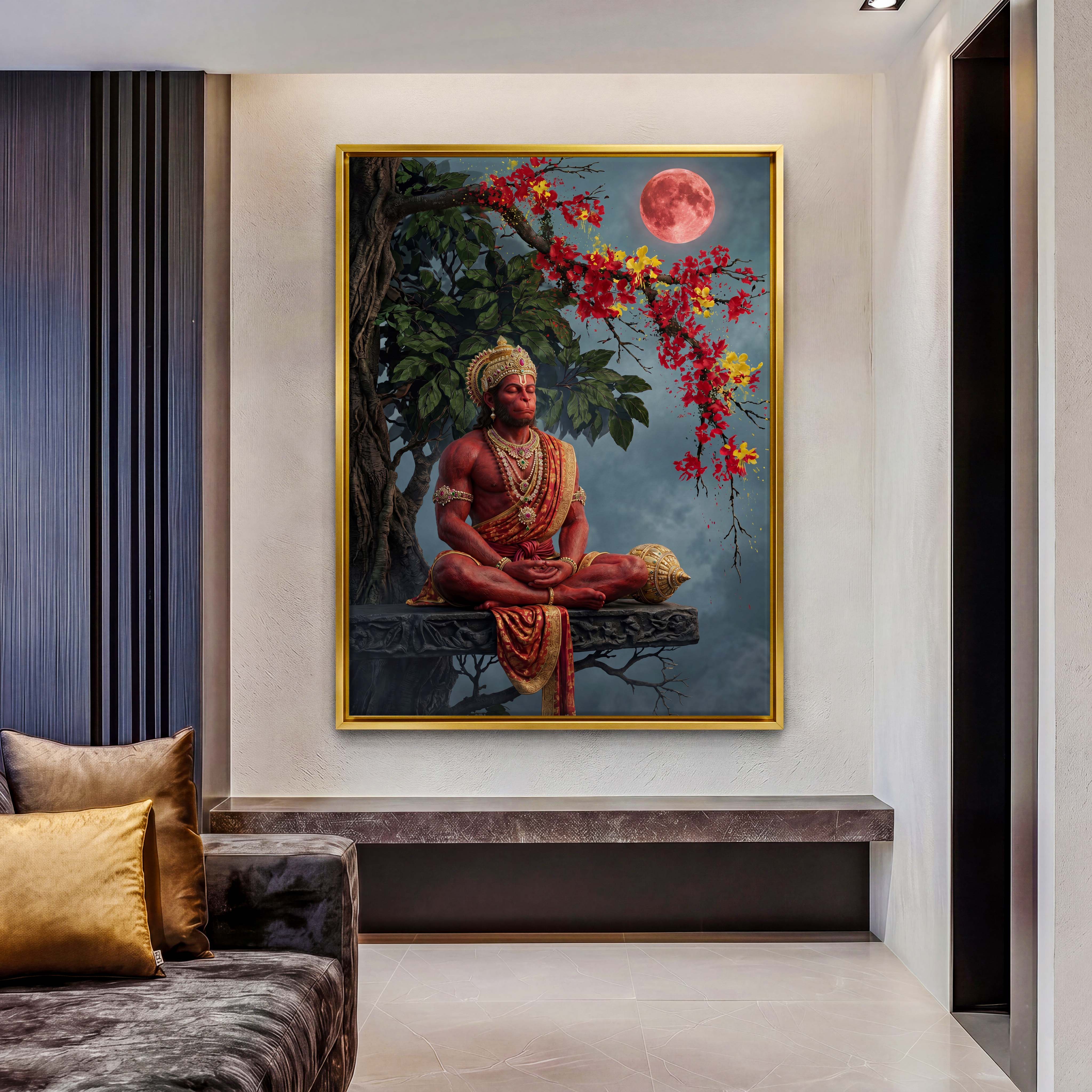 Meditating Hanuman Red Moon Canvas Art - Invite a sense of divine strength and deep tranquility into your meditation space