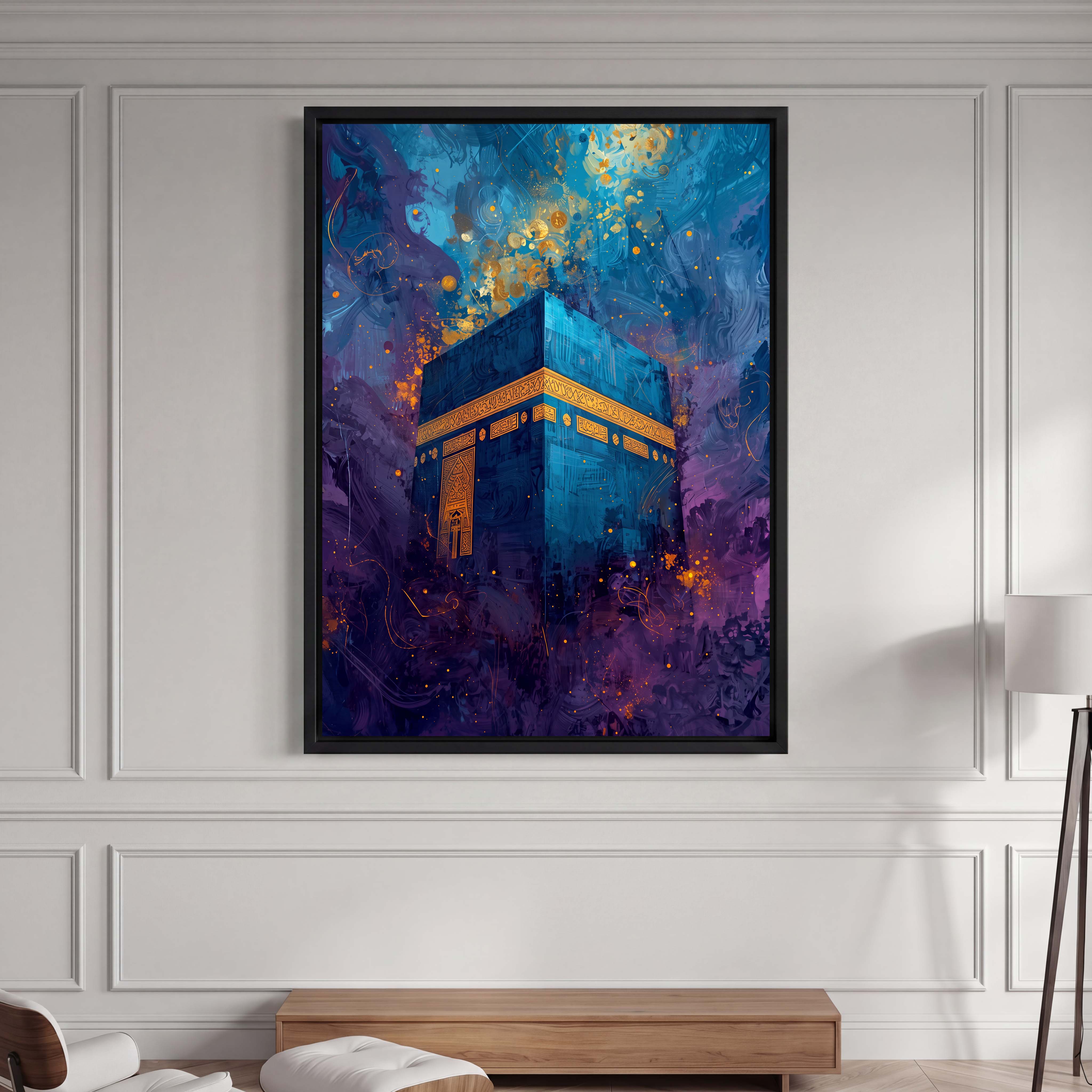 Abstract Blue Mecca Kaaba Canvas Art - Awe-inspiring and deeply evocative, this contemporary portrayal of the Kaaba is