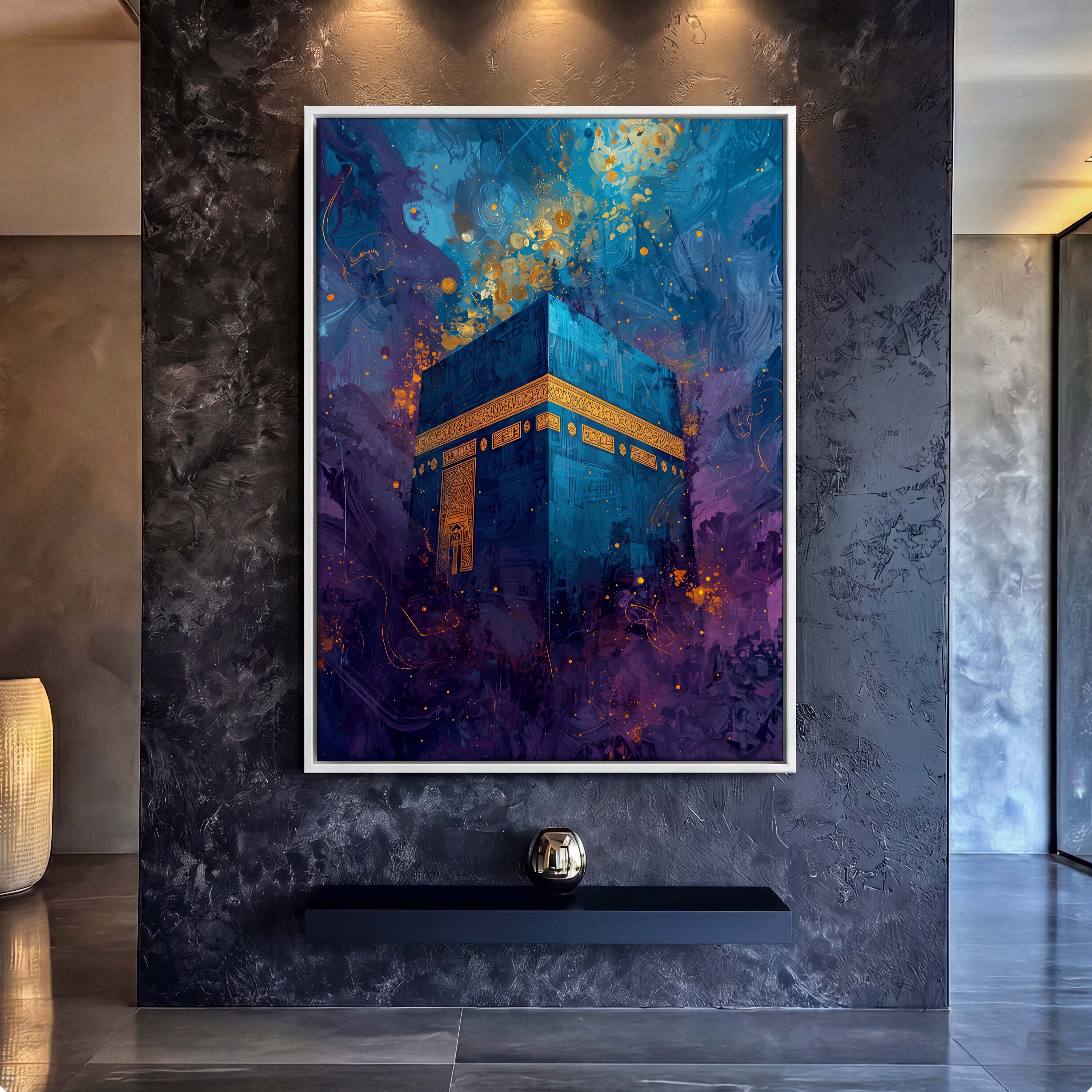 Abstract Blue Mecca Kaaba Canvas Art - Awe-inspiring and deeply evocative, this contemporary portrayal of the Kaaba is