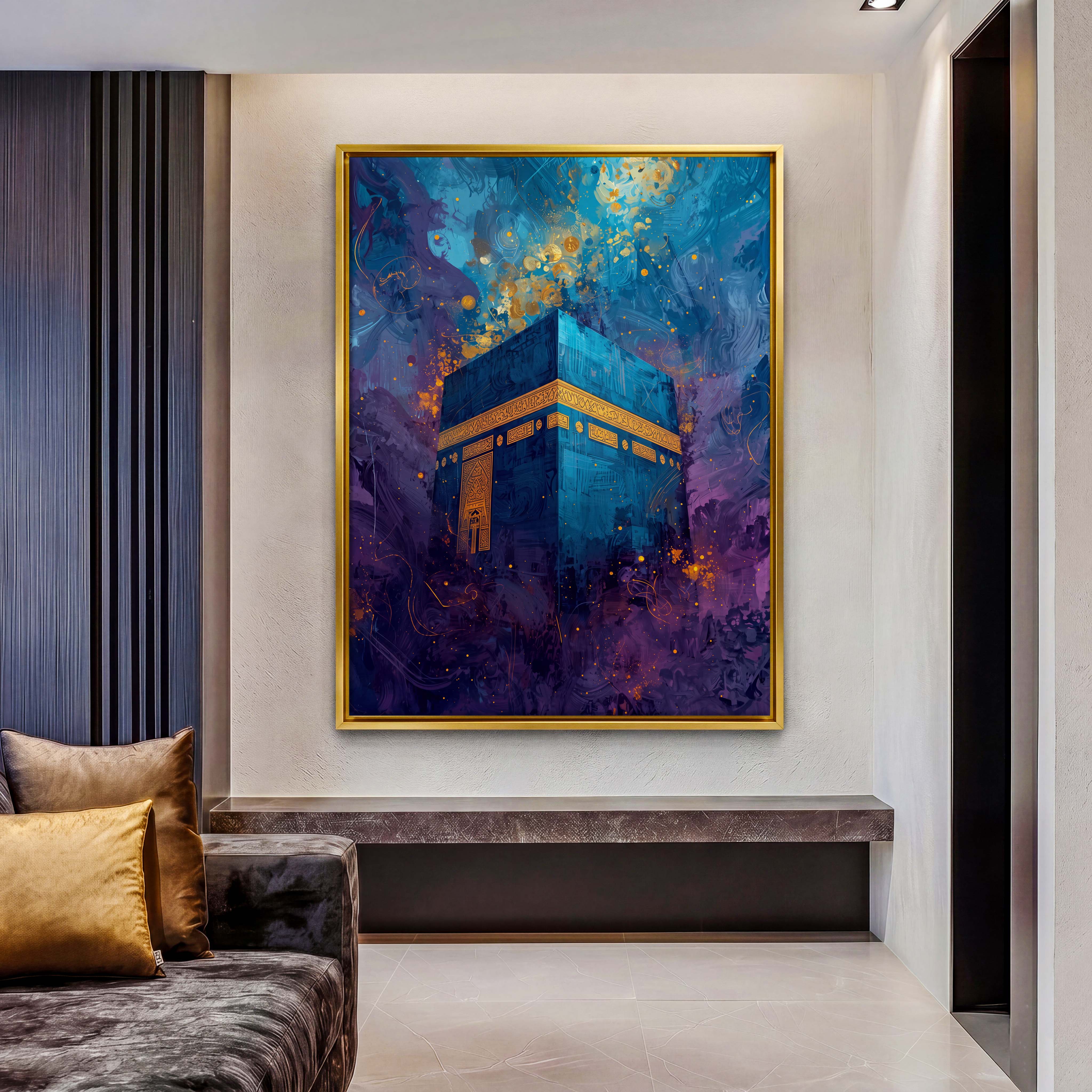 Abstract Blue Mecca Kaaba Canvas Art - Awe-inspiring and deeply evocative, this contemporary portrayal of the Kaaba is
